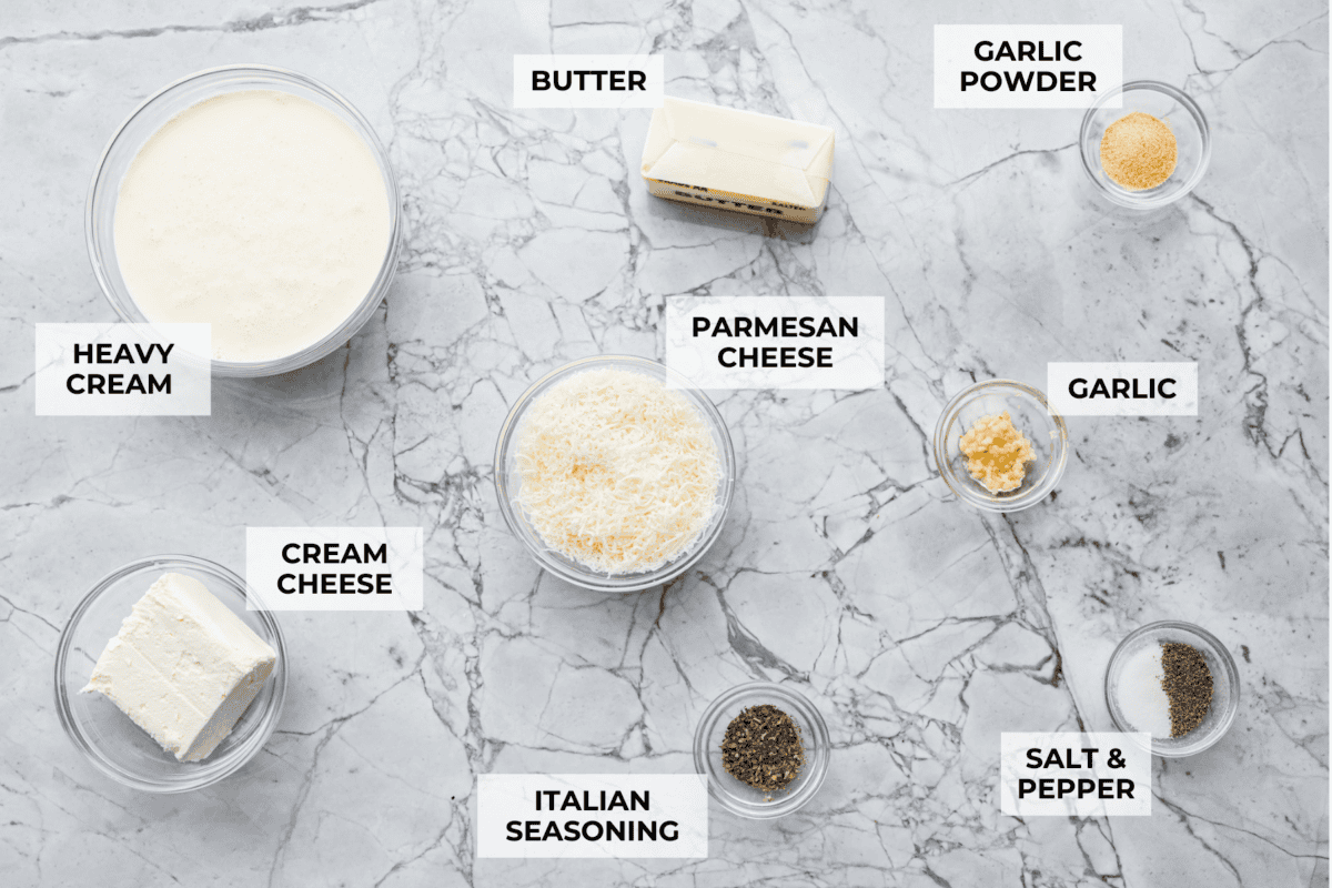 Overhead shot of labeled ingredients.