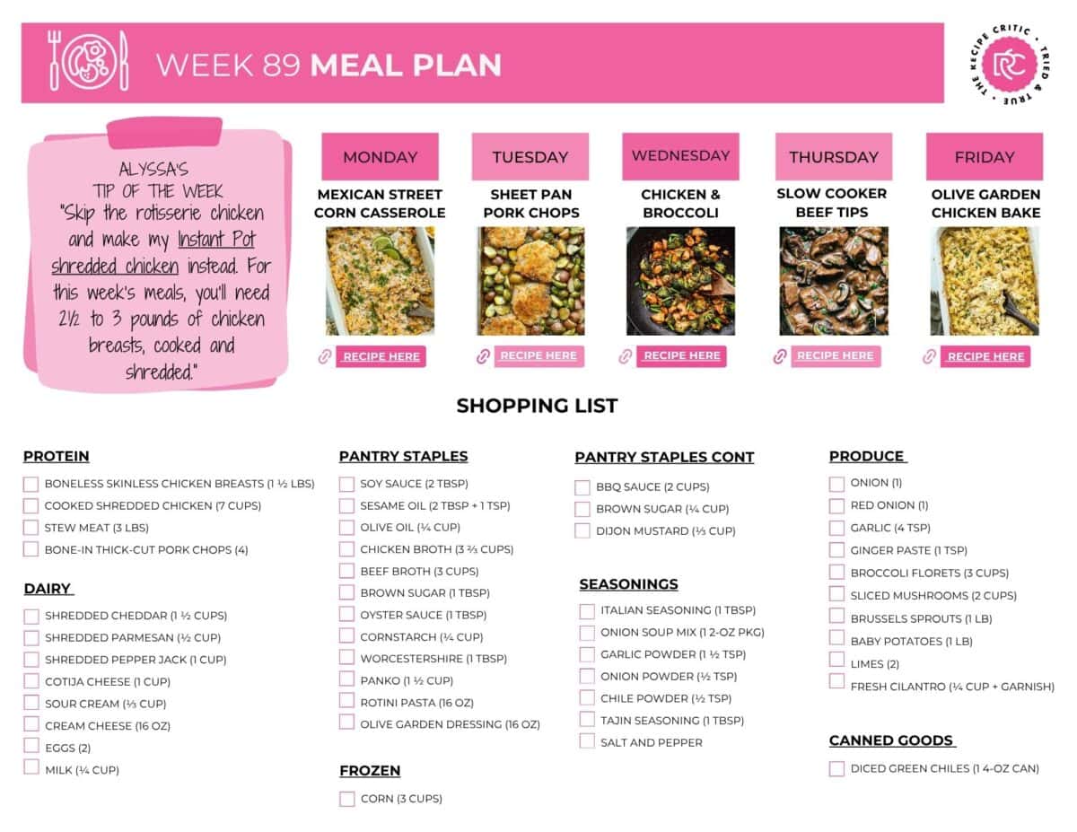Image of the printable shopping list for this weekly meal plan. 