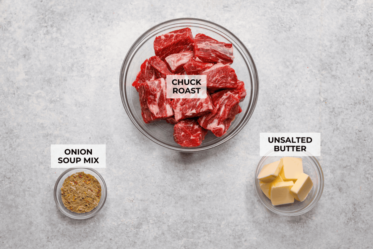 Cooks the chuck roast low and slow until it is tender, j Overhead shot of labeled ingredients.