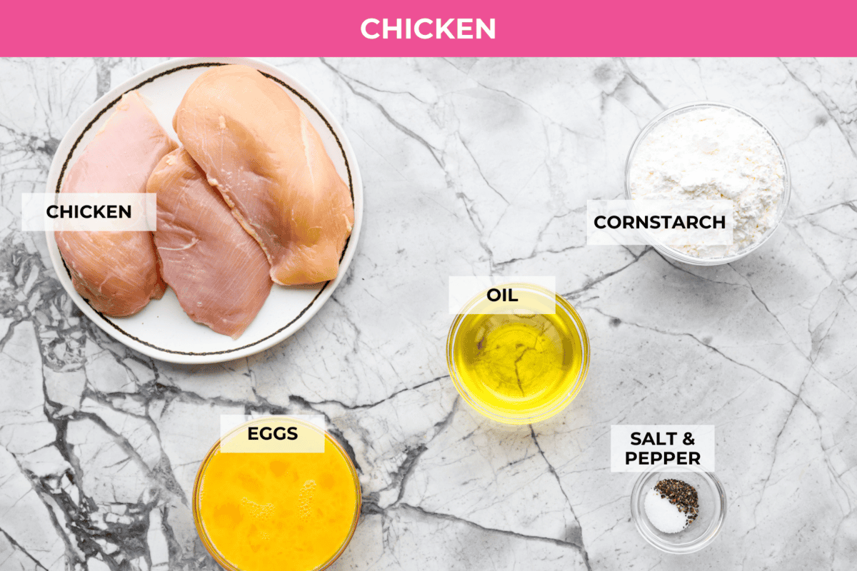 Overhead shot of labeled baked orange chicken ingredients.