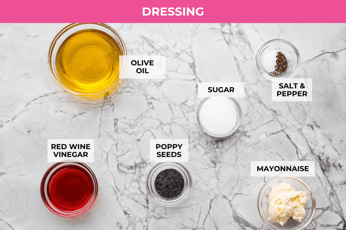 Overhead shot of labeled dressing ingredients. 