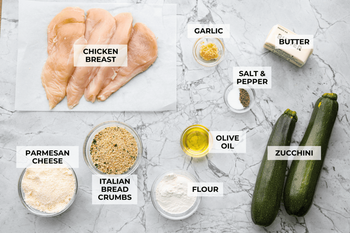 Overhead shot of labeled ingredients.