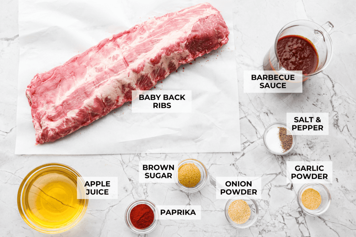 Overhead shot of labeled grilled bbq ribs ingredients. 