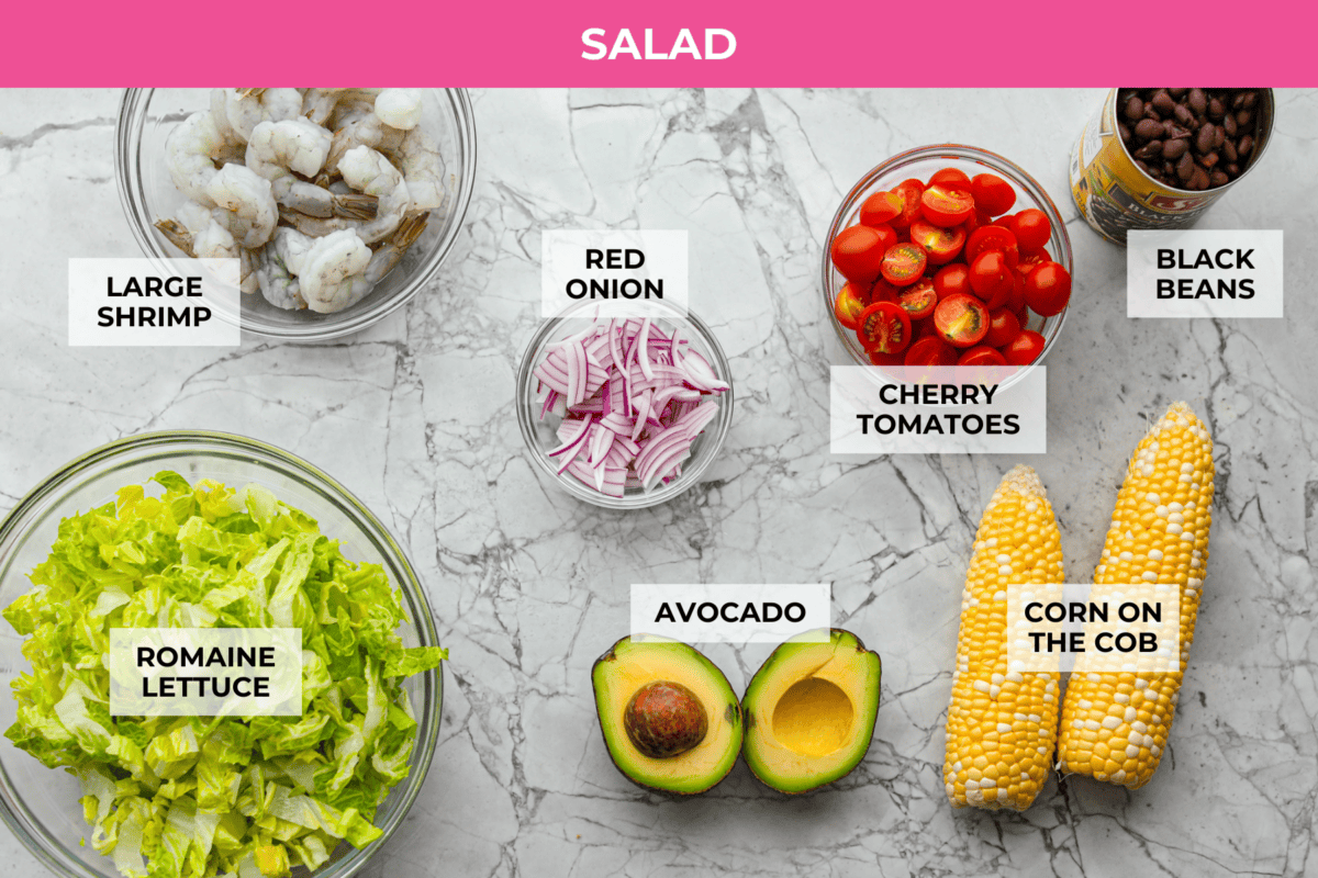 Overhead shot of labeled grilled shrimp salad ingredients. 