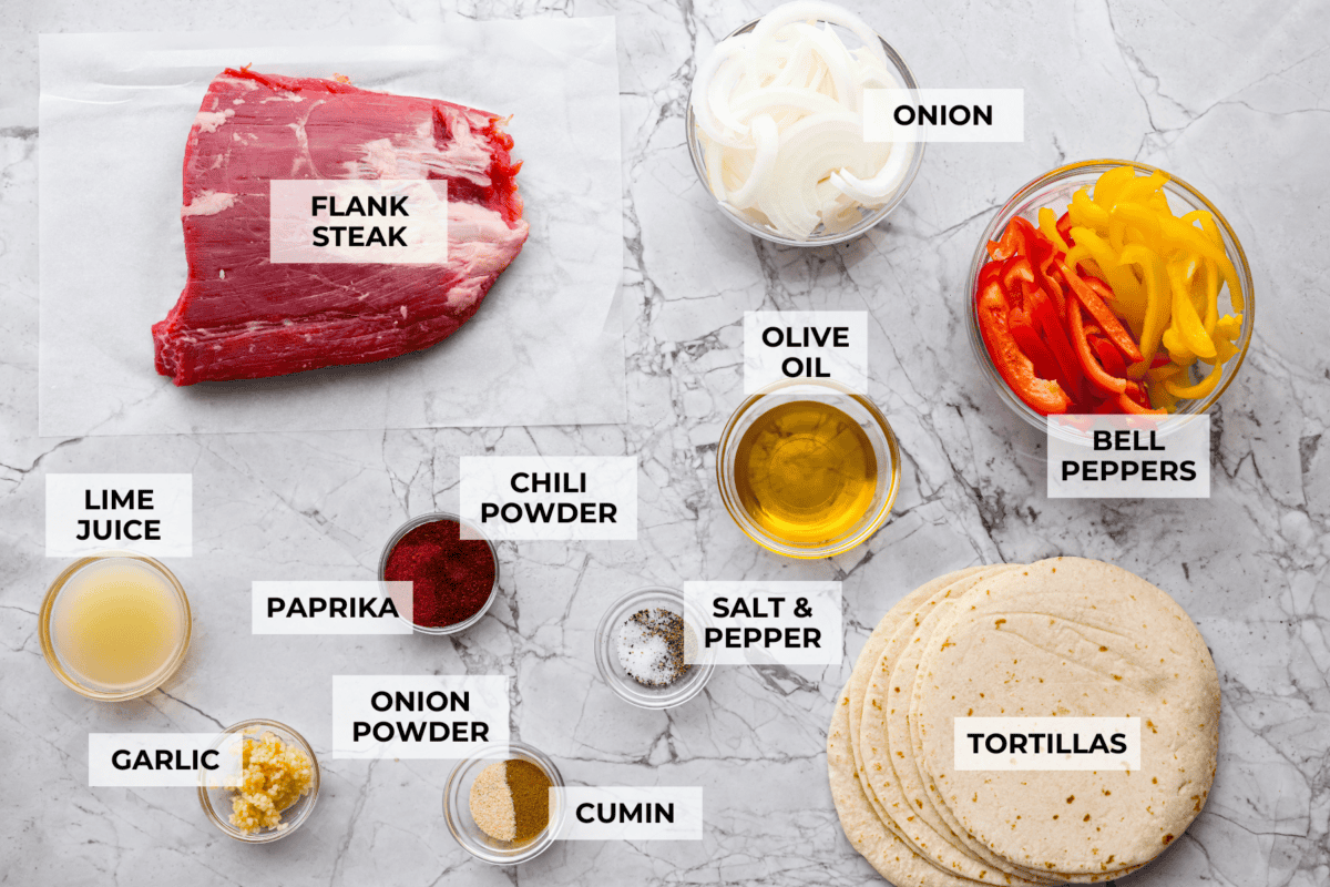 Overhead shot of labeled ingredients. 