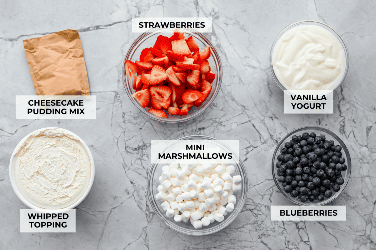 Overhead shot of labeled red white and blue cheesecake salad ingredients. 