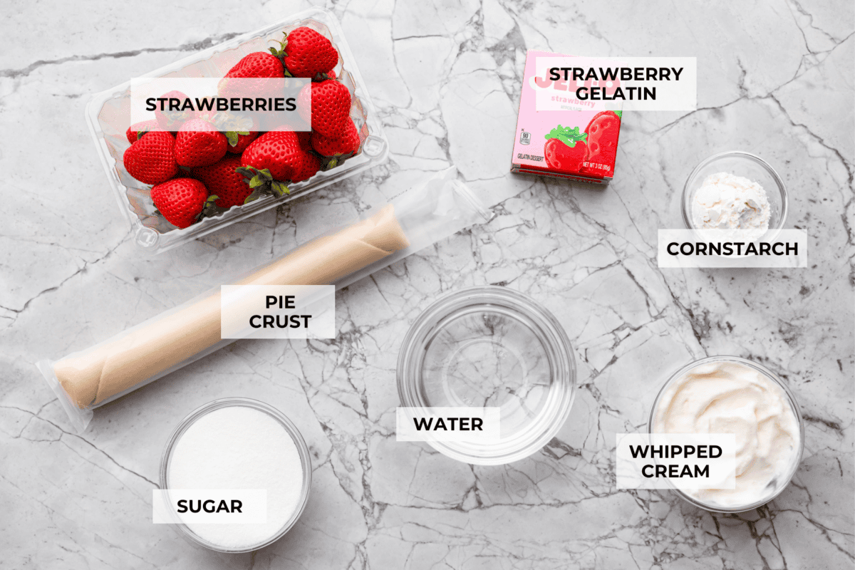 Overhead shot of labeled ingredients. 