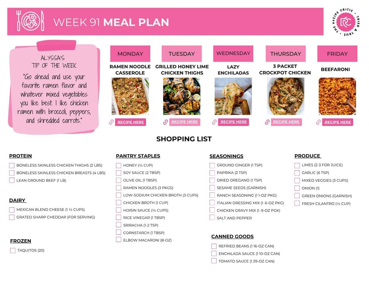 Meal plan 91 is here, and this week is all about easy dinners that keep the week moving. These five recipes are simple, comforting, and family-friendly, with a free shopping list to make grocery planning even easier. Image of the free printable shopping list.