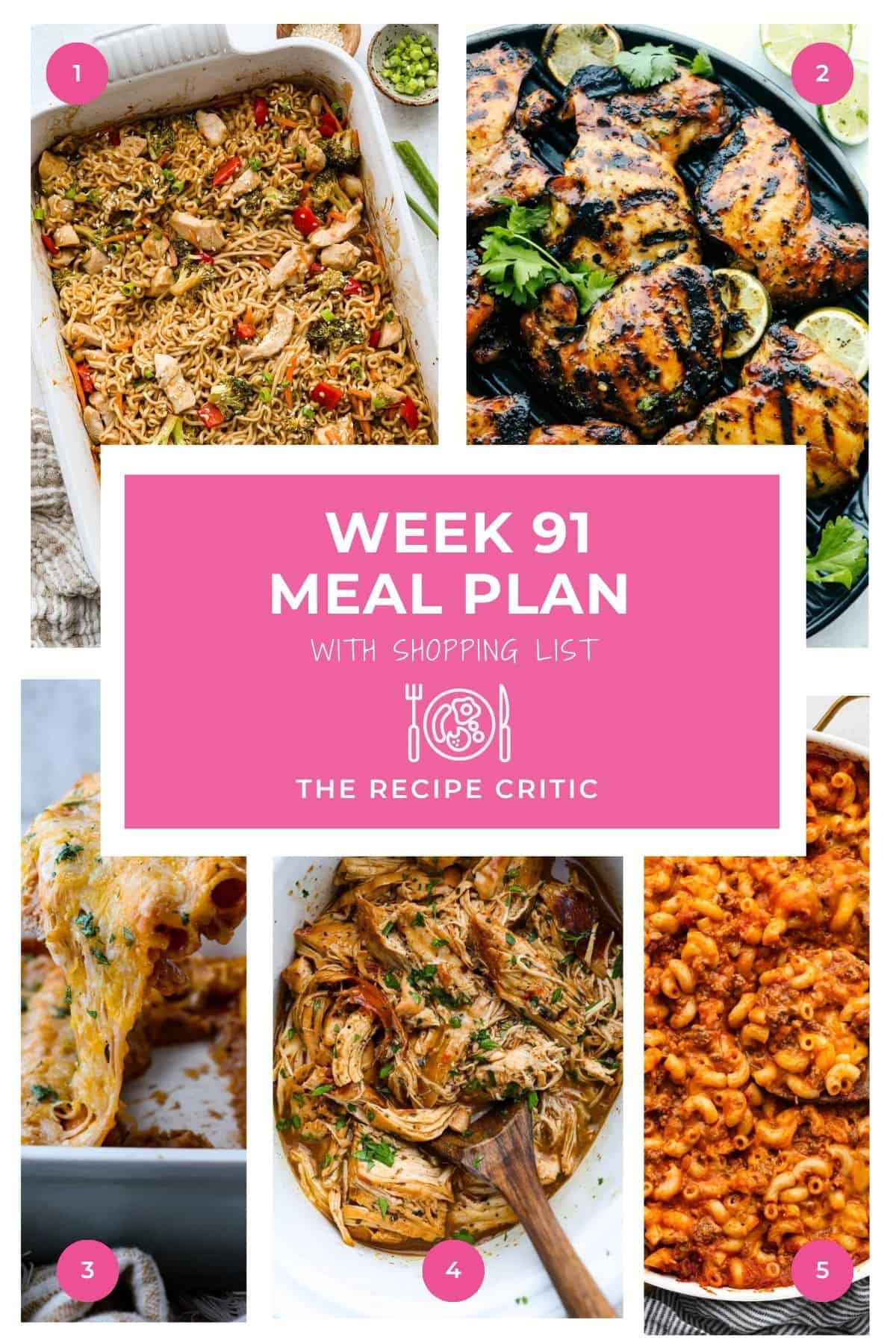 Meal plan 91 is here, and this week is all about easy dinners that keep the week moving. These five recipes are simple, comforting, and family-friendly, with a free shopping list to make grocery planning even easier. Collage of hero images from the different recipes in the weekly meal plan.