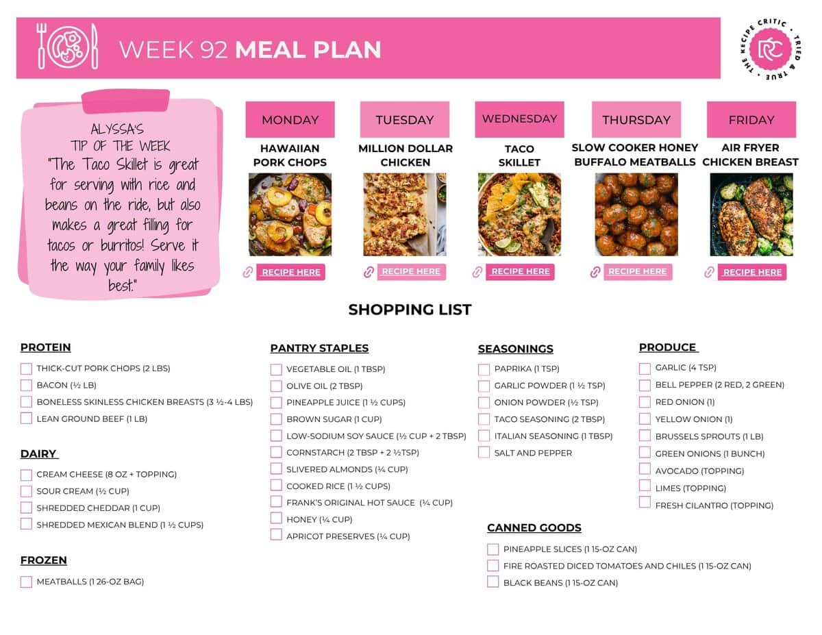 School is out, and I am so excited to have my kids home! I love the slower mornings, the extra time together, and all the summer memories. But let’s be real, having everyone home also means everyone is hungry all day long, so I am getting back into meal prep mode to keep the week a little less chaotic. Image of the free printable shopping list.