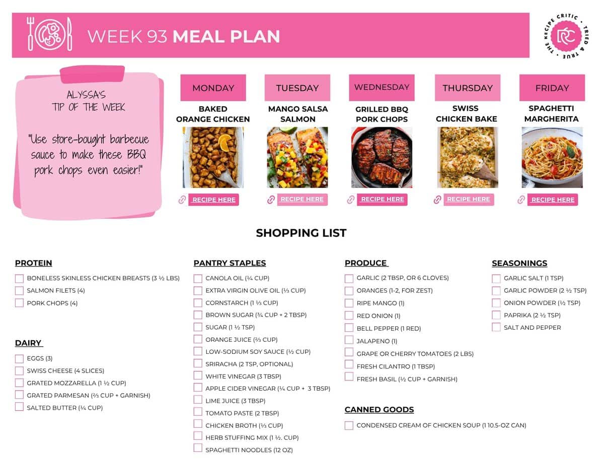 Summer is here, and dinner still has to happen. This weekly meal plan adds a little structure to the chaos with easy, flavorful meals that keep your week feeling simple, fresh, and totally doable. Image of the free printable shopping list for this weekly meal plan.