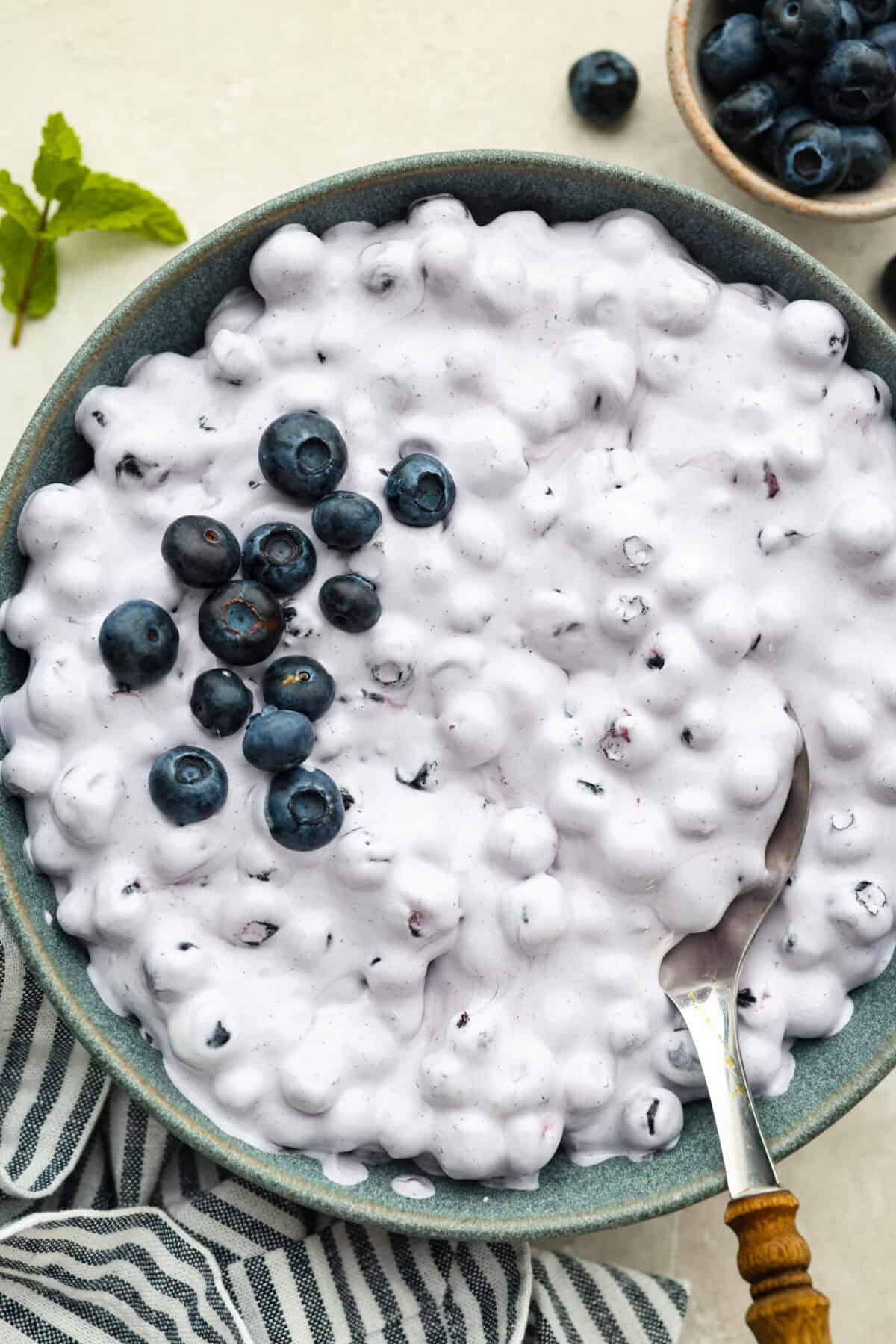 3 ingredient blueberry fluff is creamy, fruity, and ready in just 5 minutes! It’s the perfect last-minute dessert for potlucks, summer parties, or anytime you need something sweet without turning on the oven. Large bowl of 3 ingredient blueberry fluff.