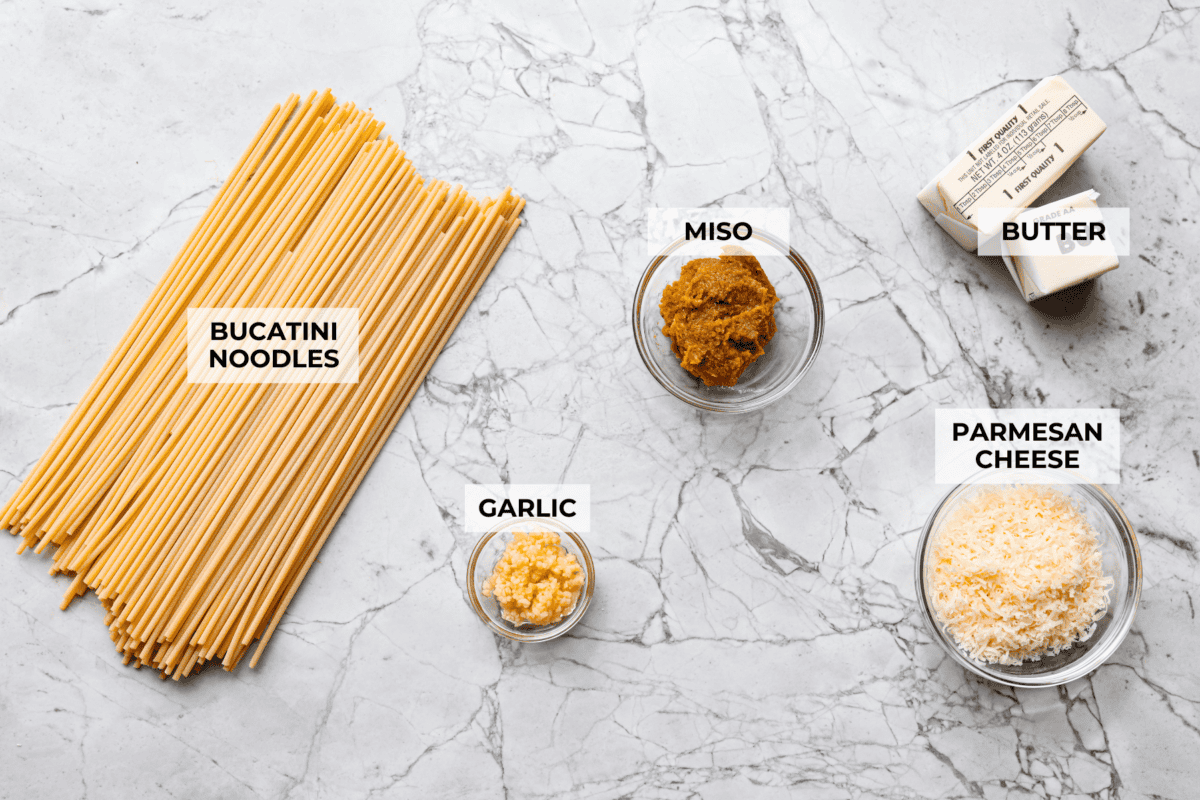 Overhead shot of labeled ingredients.