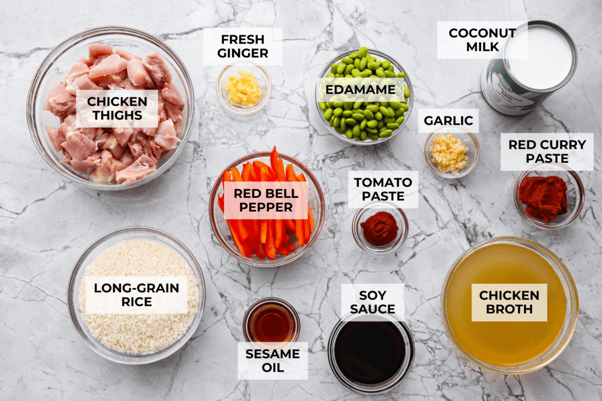 My coconut curry chicken bake proves one pan can do it all! Rice, chicken, and veggies bake in a creamy red curry coconut sauce, soaking up bold Thai flavor. Just 10 minutes of prep, then the oven takes over. Overhead shot of labeled ingredients.
