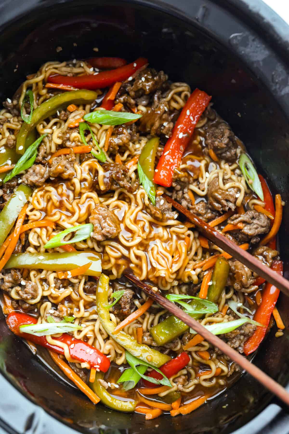 Overhead shot of slow cooker ramen. 