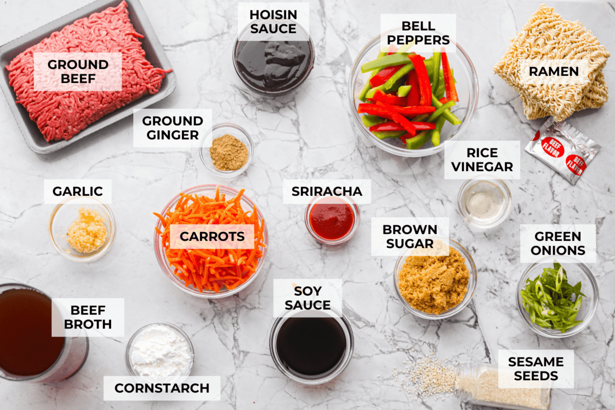 Top down shot of labeled slow cooker ramen ingredients. 