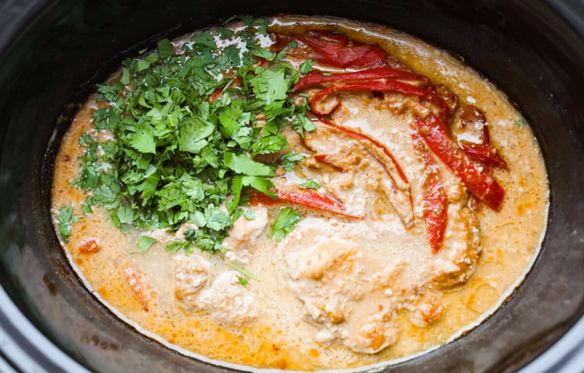 You asked, I listened! This slow cooker Thai peanut chicken got a serious glow-up! The sauce is creamy, savory, a little sweet, and packed with peanut coconut flavor. I’d drink it with a straw if that were socially acceptable, but spooning it over rice, noodles or adding it to lettuce wraps is probably the better dinner move. The cilantro and lime juice added to the other ingredients the last hour of cooking.