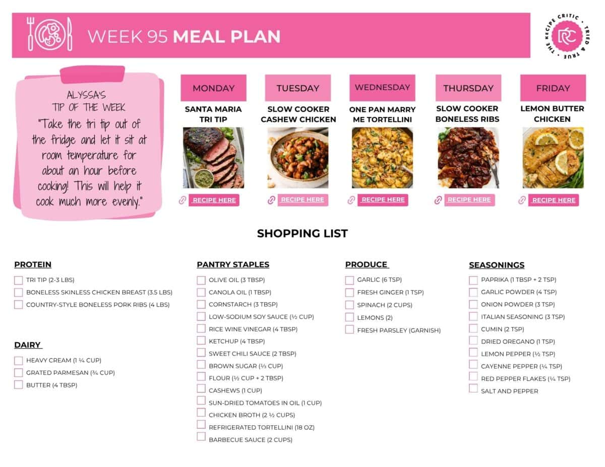 This week’s meal plan is full of easy dinners that are big on flavor but still simple enough for a busy week. There are cozy slow cooker meals, creamy pasta, and a few recipes that feel a little special without being hard. Plan your week, grab your groceries, and let dinner be one less thing to worry about! Picture of the weekly meal plan shopping list.