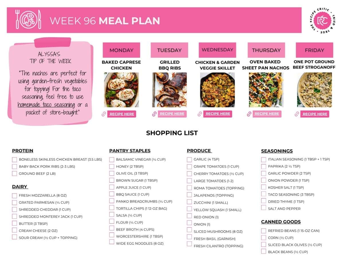 This weekly meal plan has a good mix of fresh flavors, family favorites, and meals that come together easily, so you can spend less time deciding what to make and more time enjoying dinner. Image of the printable shopping list for the weekly meal plan.