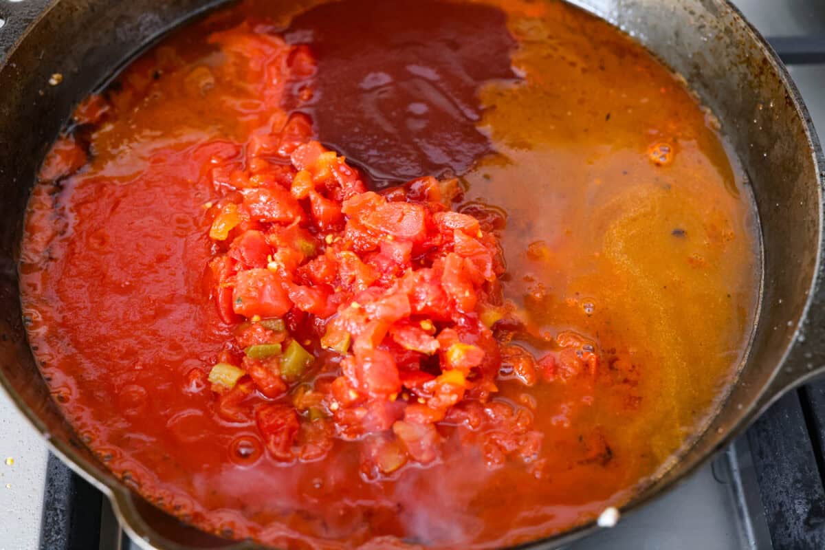 Cowboy meatballs bring big, bold flavors to a classic dinner favorite! Packed with cheesy goodness and spices, they’re simmered in a smoky BBQ sauce with crispy bacon and a little kick from Rotel. So delicious you’ll want to scoop up every last drop. Sauce ingredients combined in the skillet.