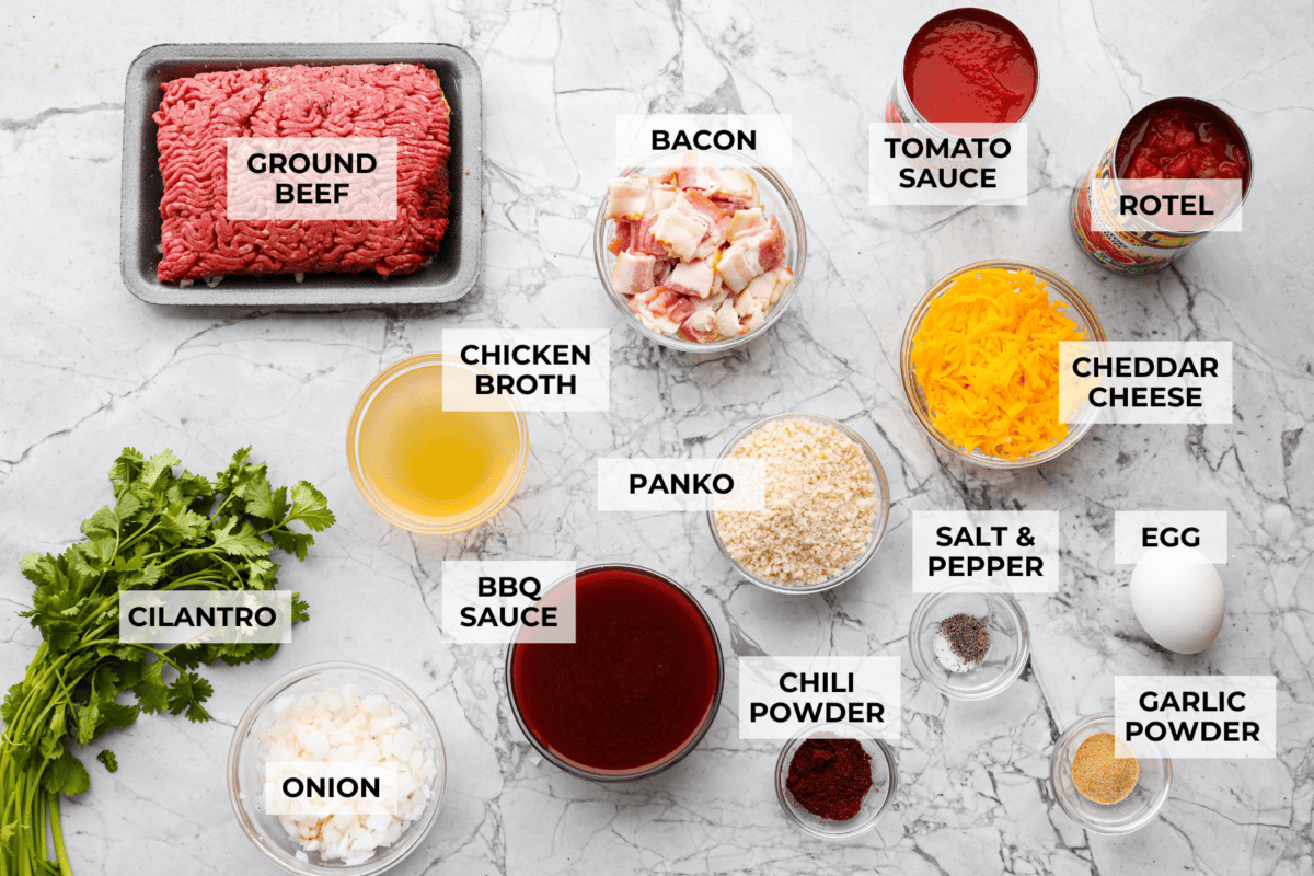 Cowboy meatballs bring big, bold flavors to a classic dinner favorite! Packed with cheesy goodness and spices, they’re simmered in a smoky BBQ sauce with crispy bacon and a little kick from Rotel. So delicious you’ll want to scoop up every last drop. Overhead shot of labeled cowboy meatballs ingredients.