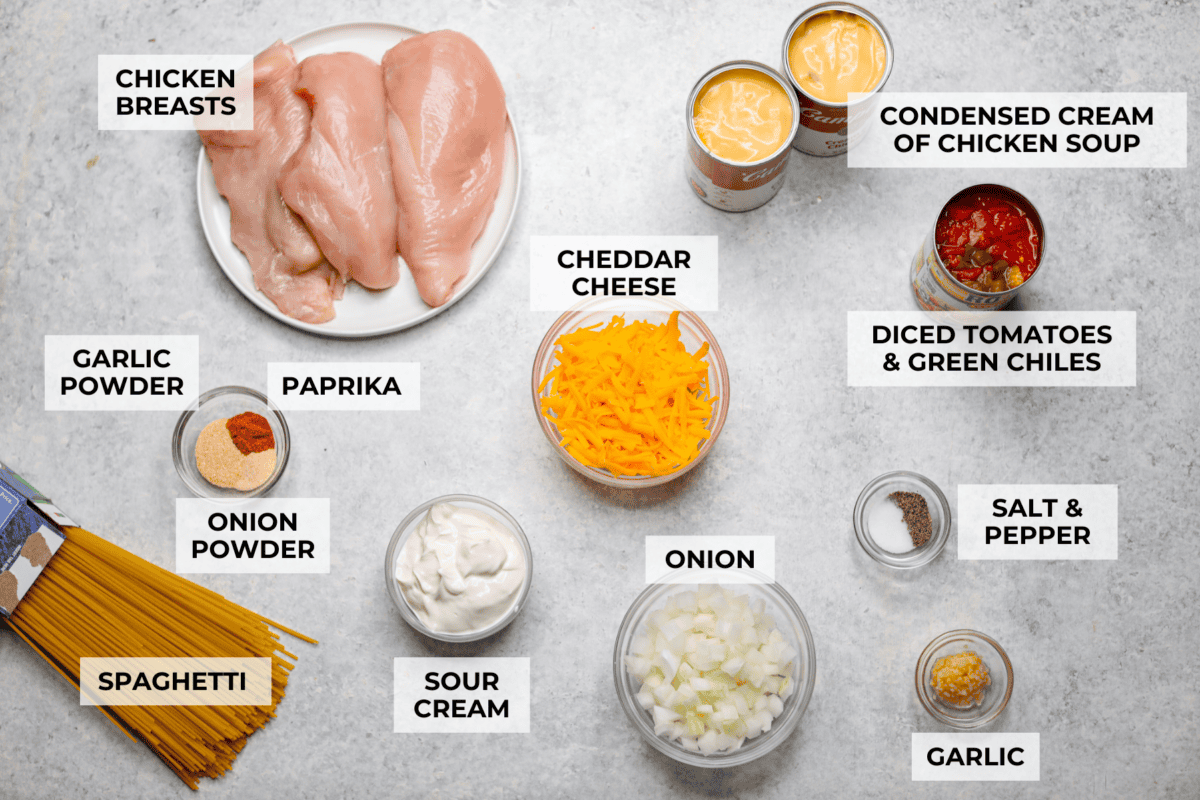 This crockpot chicken spaghetti will have everyone running to the dinner table! The slow cooker does the work while the chicken becomes tender and flavorful, then it's tossed with spaghetti, melty cheese, and a creamy sauce. Overhead shot of labeled ingredients.