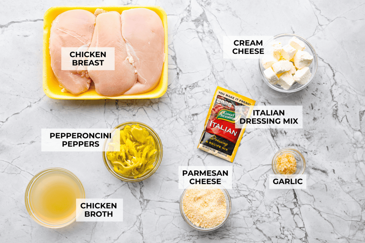 Overhead shot of labeled ingredients. 