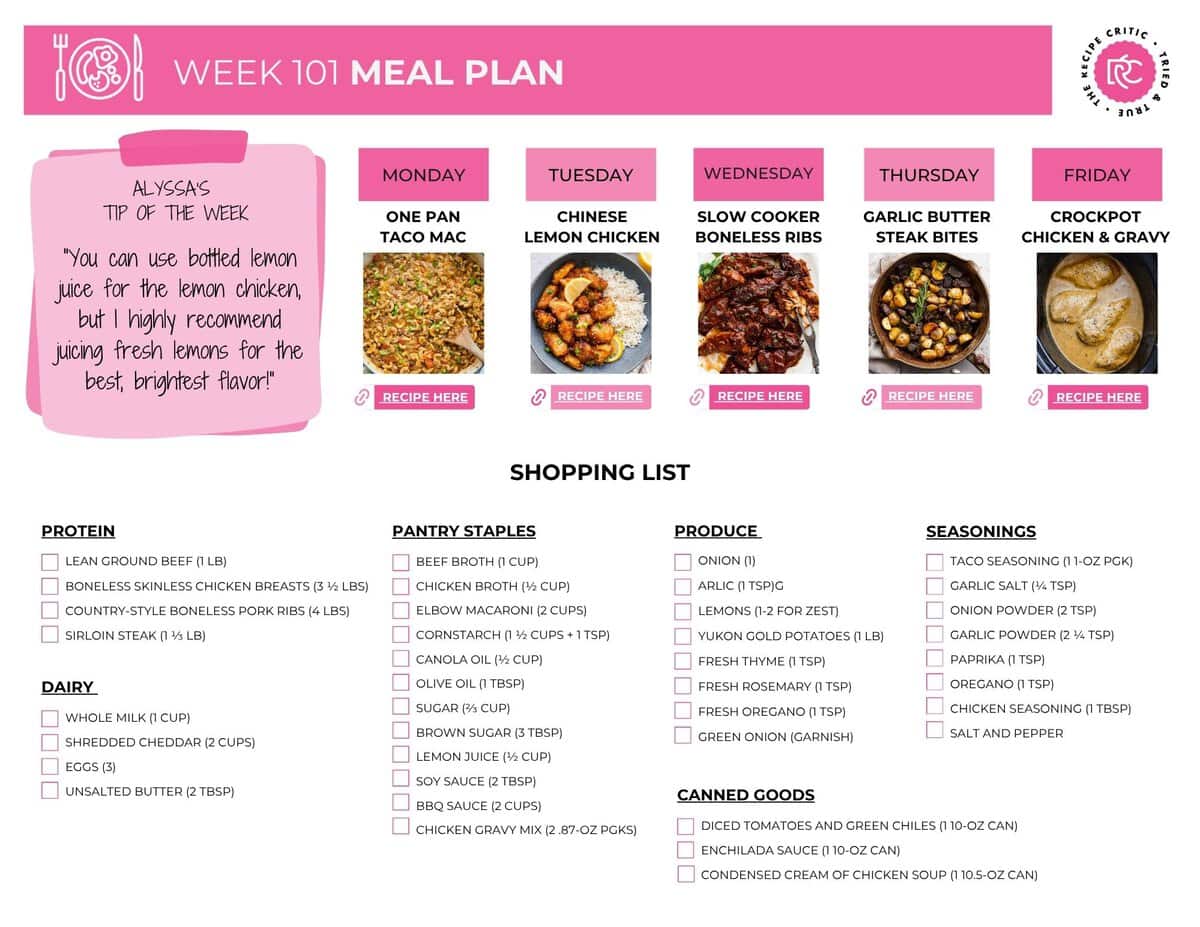 This weekly meal plan has a little bit of everything, so there’s something everyone will love. These easy, family-friendly dinners give you plenty of variety while taking the stress out of figuring out what to make each night. Image of the free printable shopping list that is included in this weekly meal plan.