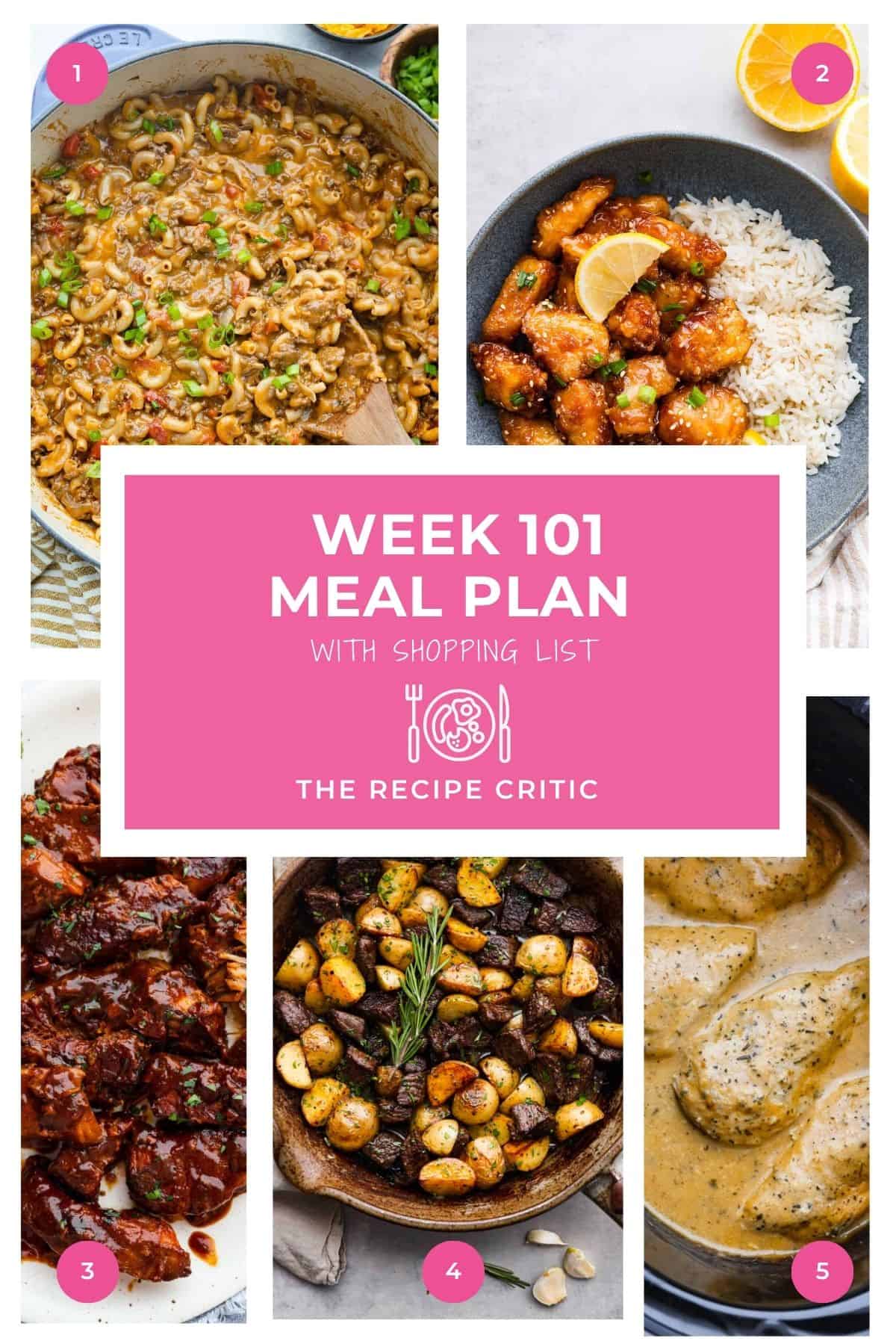 This weekly meal plan has a little bit of everything, so there’s something everyone will love. These easy, family-friendly dinners give you plenty of variety while taking the stress out of figuring out what to make each night. Collage of hero images from each of the 5 recipes in this weekly meal plan.