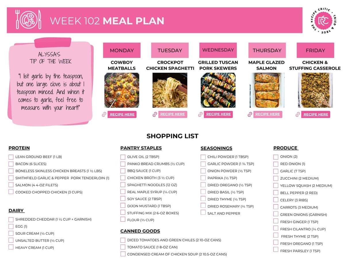 This week’s meal plan is full of easy dinners that make busy nights feel a little easier. I picked five family-friendly recipes with plenty of variety, so you can spend less time figuring out what to make and more time enjoying dinner together. Image of the free shopping list used in this weekly meal plans.