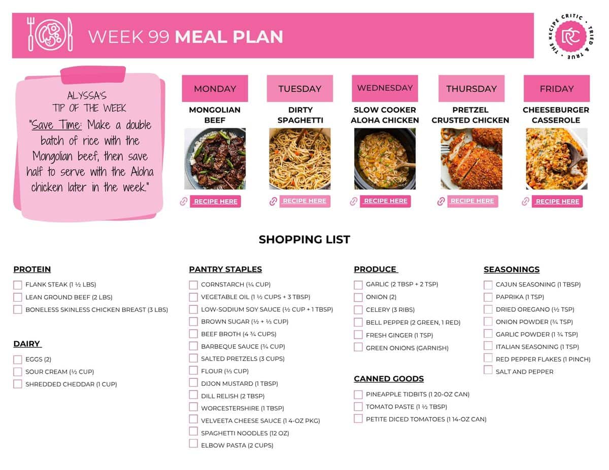 Take the stress out of dinner with five easy family meals, including Mongolian beef, dirty spaghetti, crockpot Hawaiian chicken, pretzel-crusted chicken, and cheeseburger casserole. Free printable shopping list for this weekly meal plan.