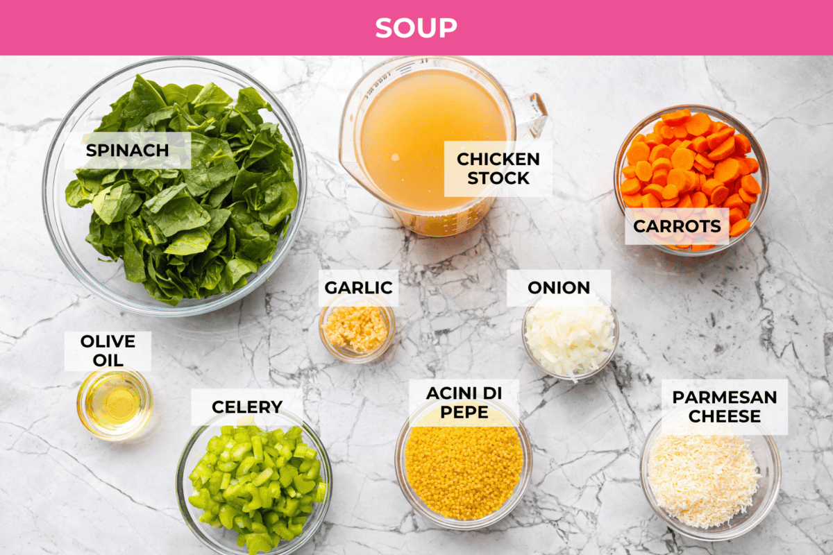 Overhead shot of labeled Italian wedding soup ingredients. 