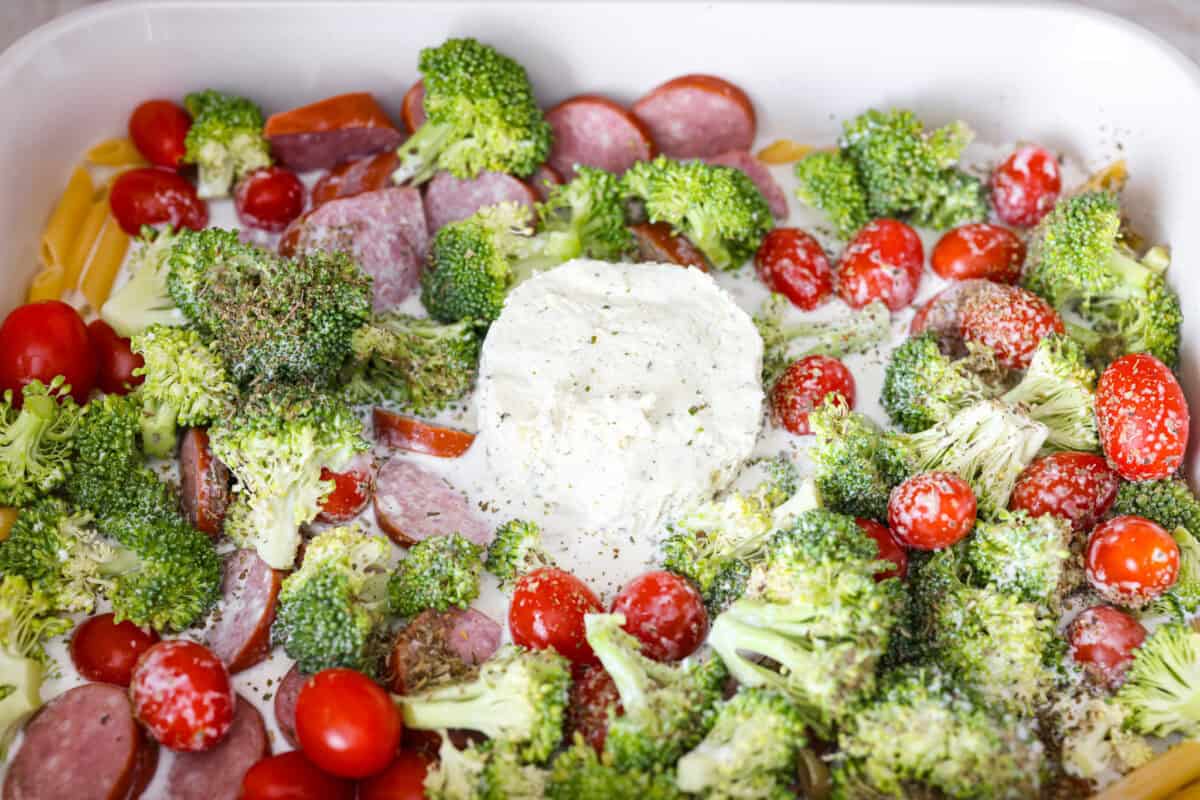 Boursin cheese added to the middle of the ingredients. 