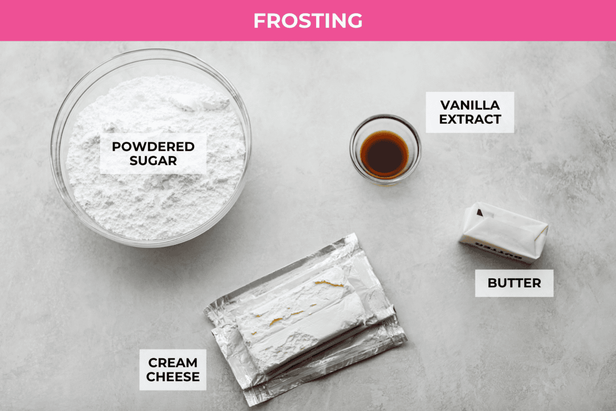 Pumpkin Sheet Cake Bars are one of my oldest son’s favorite desserts, and honestly, I get it! They’re incredibly moist and fluffy, full of warm pumpkin spice, and topped with the best cream cheese frosting. Overhead shot of labeled cream cheese frosting ingredients.