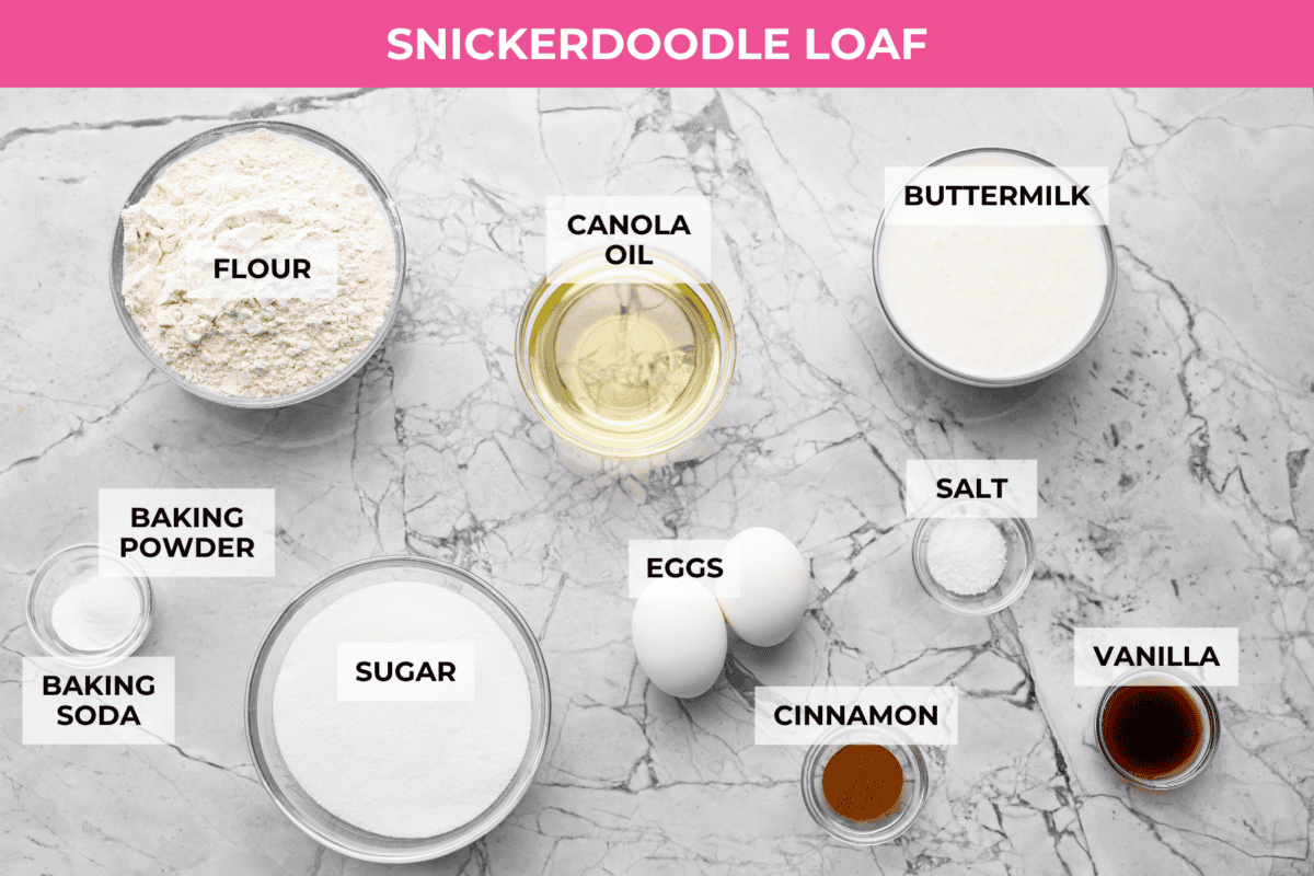 This snickerdoodle donut loaf is a fun twist on the classic cookie! It’s soft, tender, and packed with cinnamon sugar flavor, then finished with a sweet vanilla glaze. Think snickerdoodle meets cake donut in an easy-to-slice loaf! Overhead shot of labeled snickerdoodle loaf ingredients.