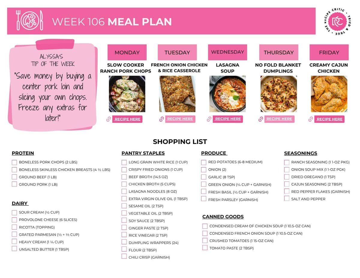 This weekly meal plan is all about cozy dinners that are easy enough for a busy week. You’ve got creamy pork chops, a cheesy chicken casserole, lasagna soup, dumplings, and a creamy Cajun chicken to finish the week strong. Printable shopping list for this weekly meal plan.