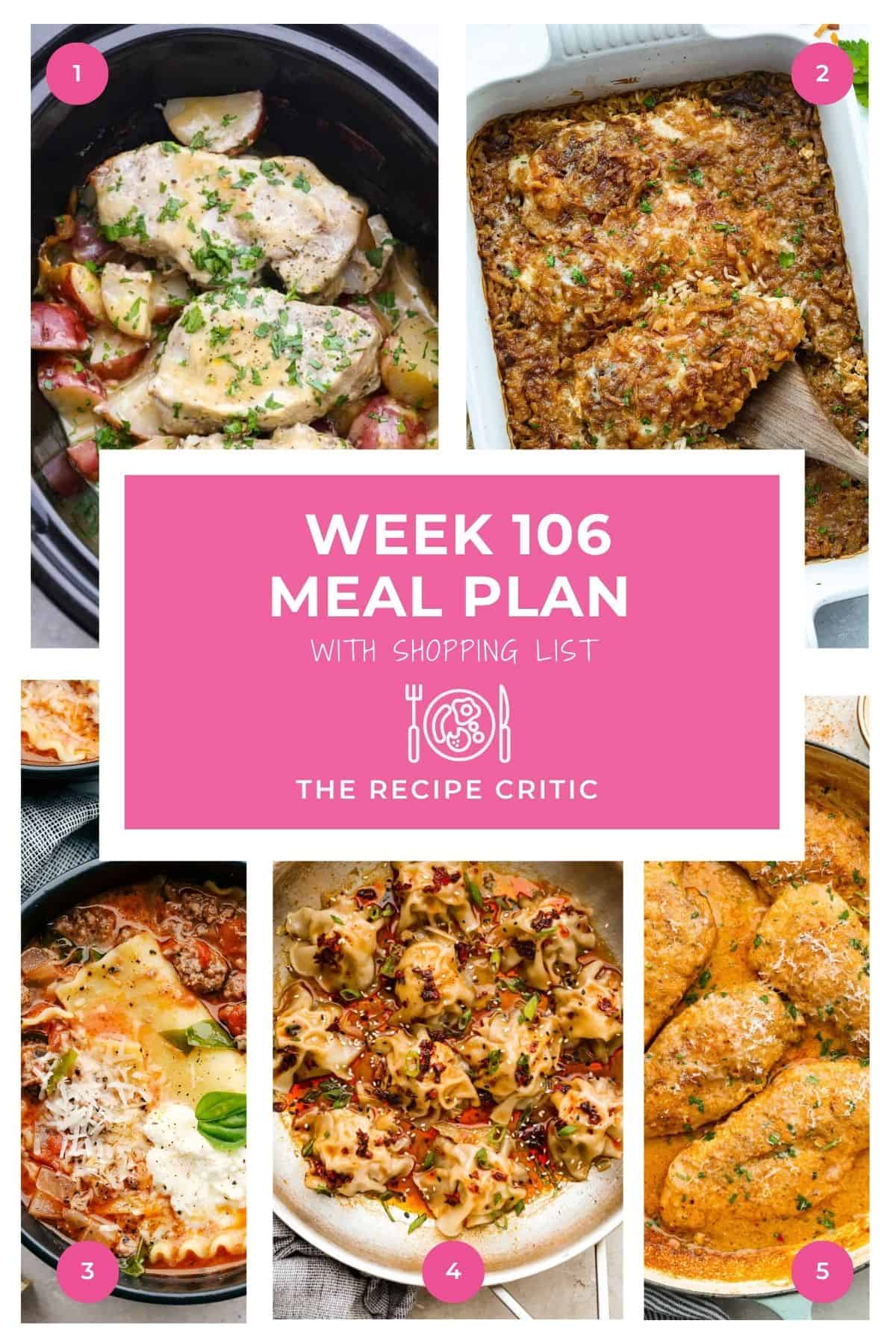 This weekly meal plan is all about cozy dinners that are easy enough for a busy week. You’ve got creamy pork chops, a cheesy chicken casserole, lasagna soup, dumplings, and a creamy Cajun chicken to finish the week strong. Collage of the hero images from each of the recipes in this weekly meal plan.