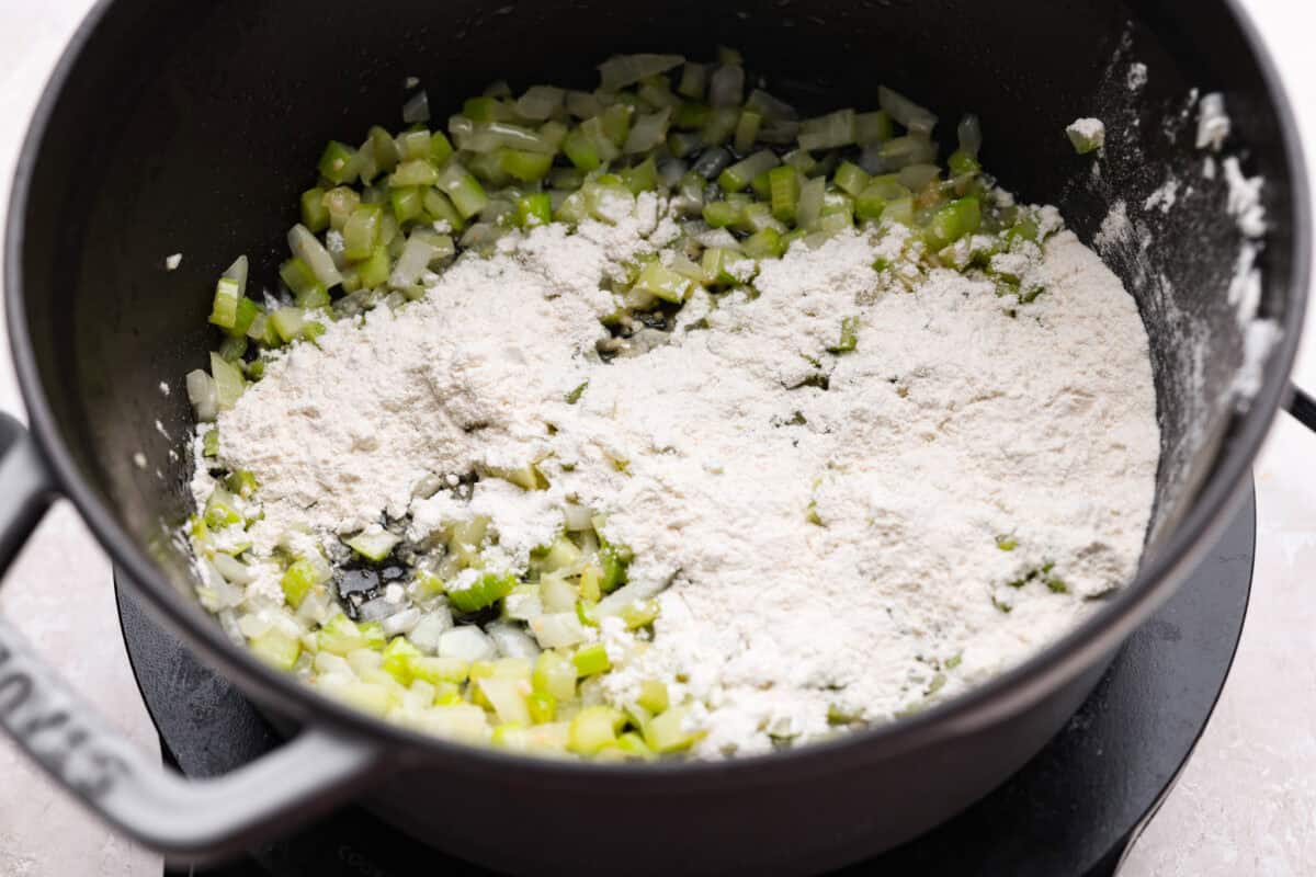 My creamy chicken gnocchi soup has everything I love about the Olive Garden favorite: tender chicken, pillowy gnocchi, fresh vegetables, and a rich, creamy broth. Even better, it comes together in just 30 minutes! Flour added to the pot to create a roux.