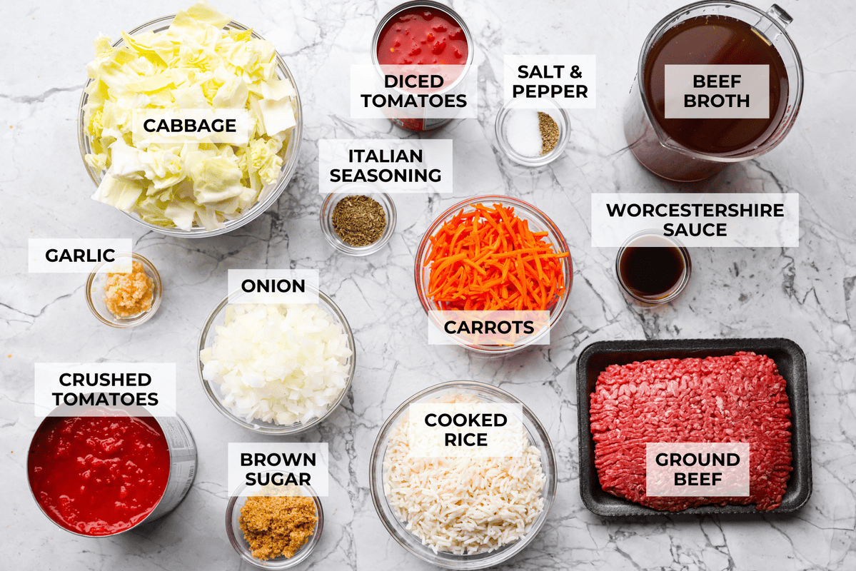 Overhead shot of labeled ingredients. 