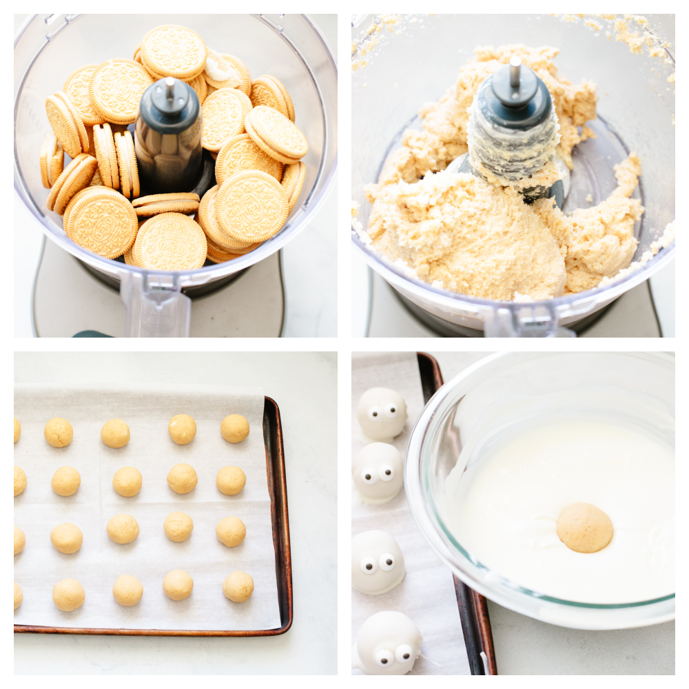 Mummy Oreo Balls are the cutest no-bake treat for Halloween! Golden Oreos and cream cheese make the creamy truffle center, then each one gets dipped in white chocolate and decorated with candy eyes and mummy “bandages.” 4 step by step pictures showing how to mix up the oreo truffles and dip them.