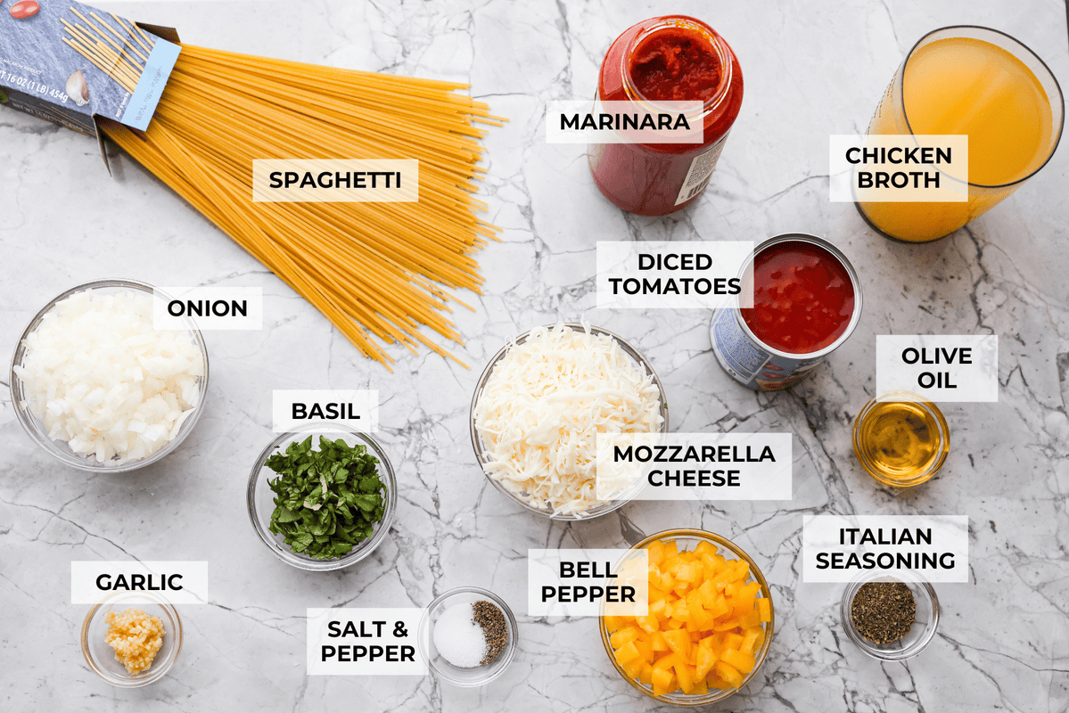 This no boil spaghetti bake makes pasta night SO easy! Everything goes straight into one baking dish, uncooked spaghetti included, then bakes under a layer of melty mozzarella for a cozy, cheesy dinner with hardly any prep. Overhead shot of labeled no boil spaghetti bake ingredients.