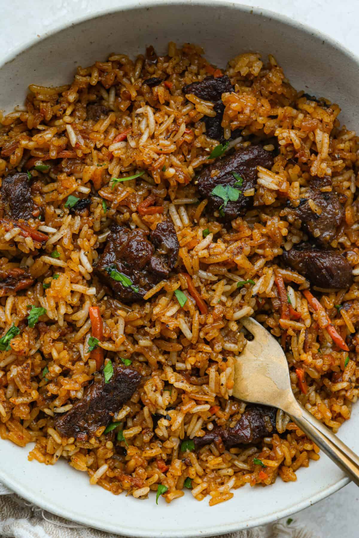 Plated one pot beef and rice with a gold spoon. 