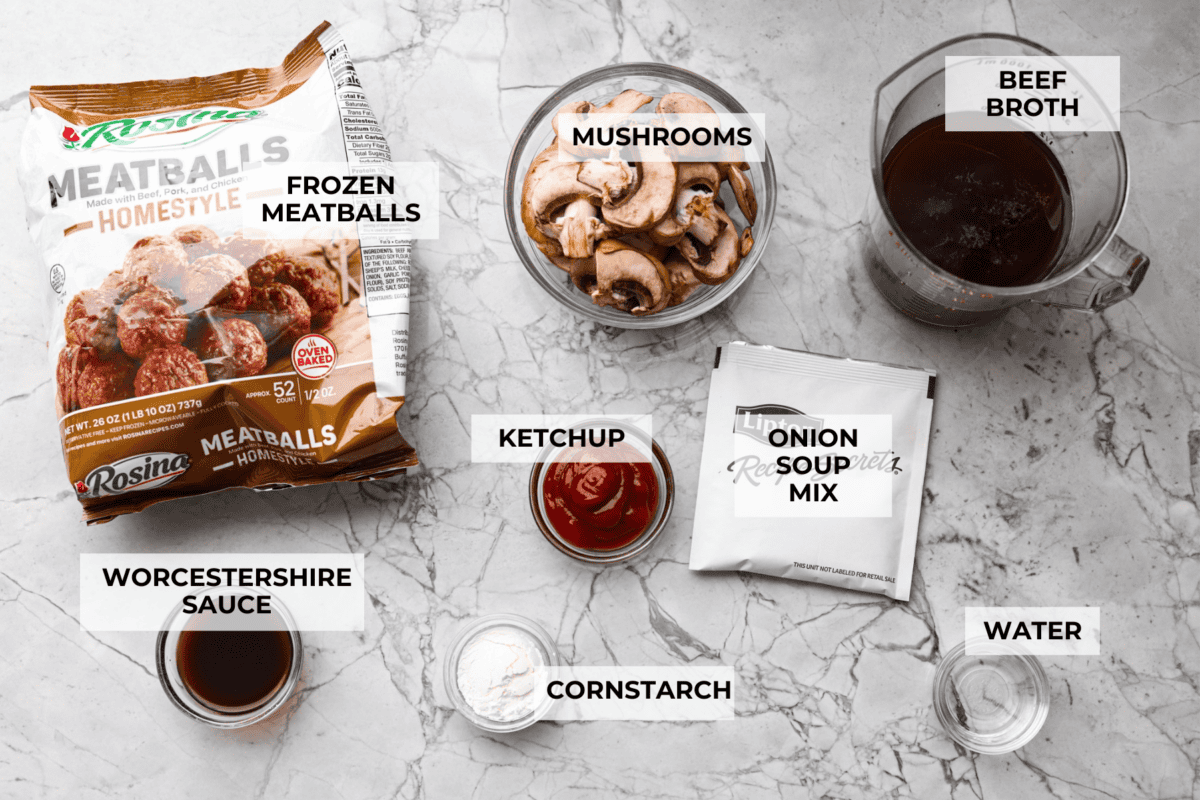 Overhead shot of labeled salisbury steak meatballs ingredients. 