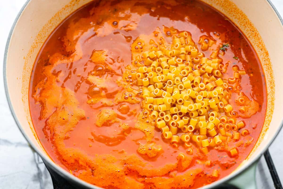 Pasta added to the pot. 