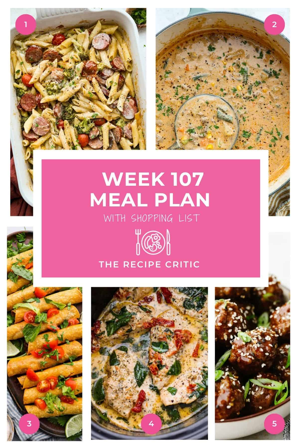 This weekly meal plan is all about easy comfort food with plenty of variety! You’ve got a creamy pasta bake, cozy soup, crispy taquitos, a slow cooker favorite, and saucy Asian meatballs to finish the week. Collage of all the hero images from the recipes for this weekly meal plan.