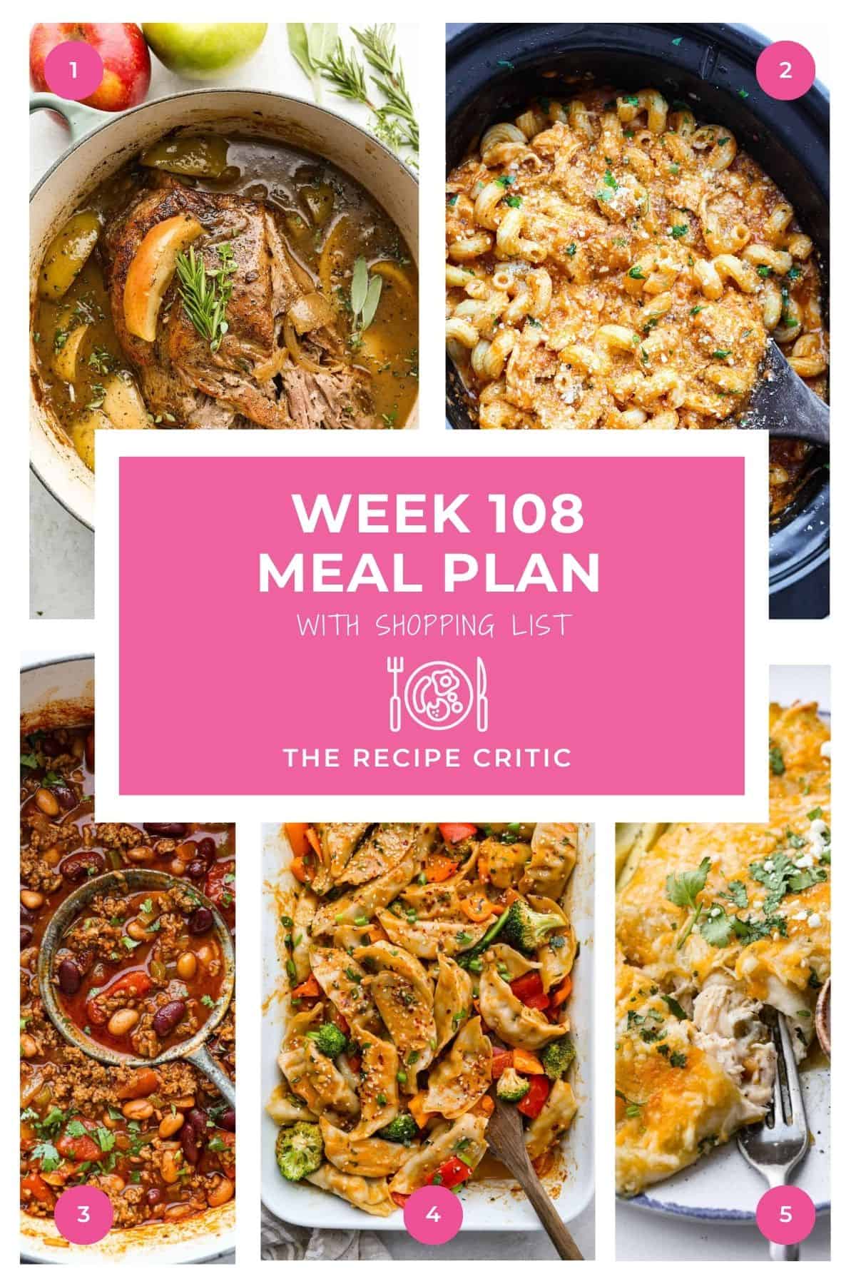 Weekly Meal Plan 108 is packed with cozy dinners. From a tender apple cider pork roast to creamy enchiladas and a hearty bowl of chili, every night has something warm and satisfying. Plus, my printable shopping list makes grocery day simple! Collage of the weekly meal plan menu items hero images.