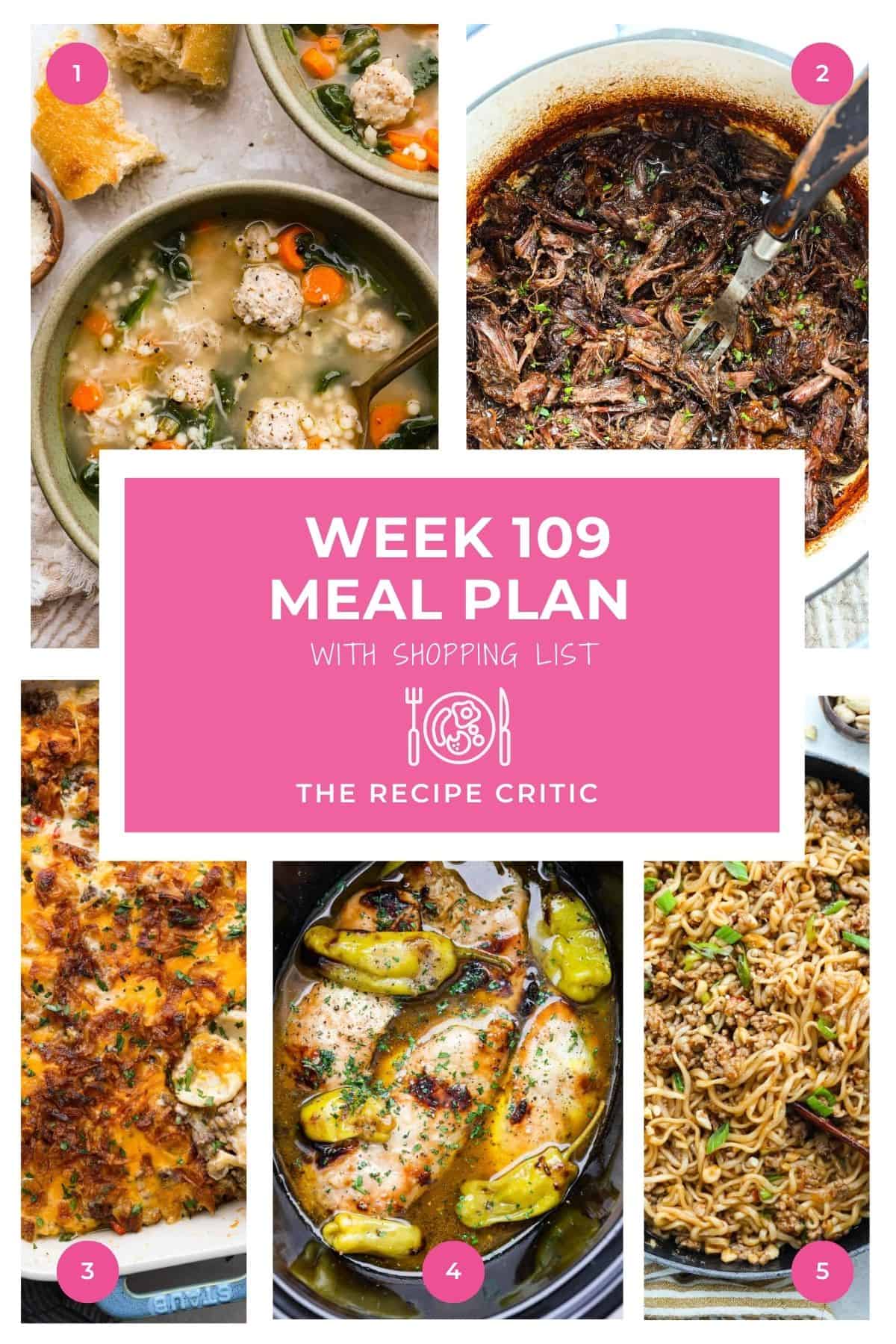 Dinner just got easier! This meal plan includes cozy Italian wedding soup, tender chuck roast, cheesy hobo casserole, and two easy family favorites. Five delicious dinners, one handy shopping list, and less time wondering what to make! Collage of all of the hero images of the meals in this week's meal plan.