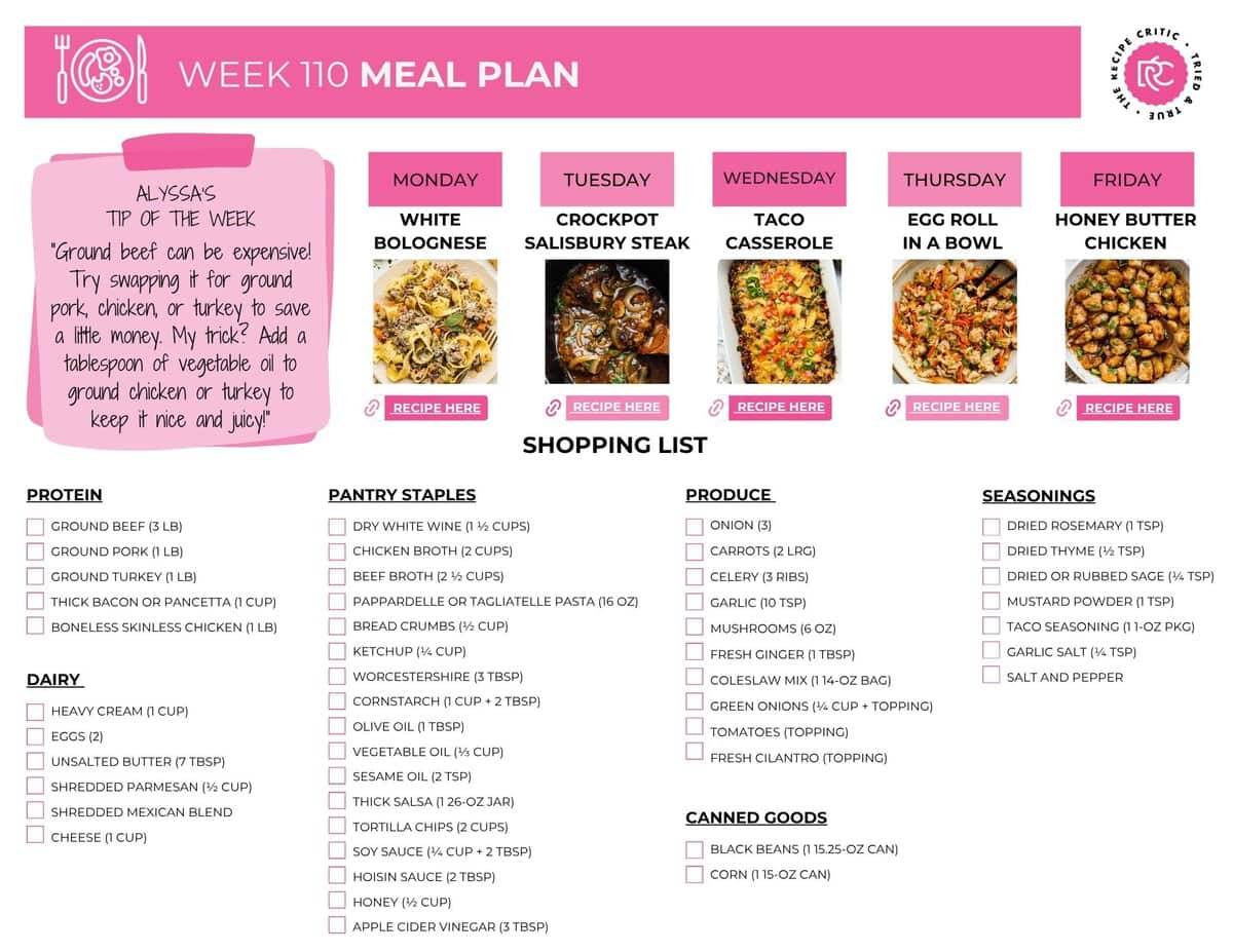 Who says weeknight dinners have to be boring? This weekly meal plan has everything from creamy White Bolognese and cozy Crockpot Salisbury Steak to a Taco Casserole! Five delicious dinners, one easy shopping list, and no stressing over what's for dinner! Image of the free printable shopping list for this weekly meal plan.