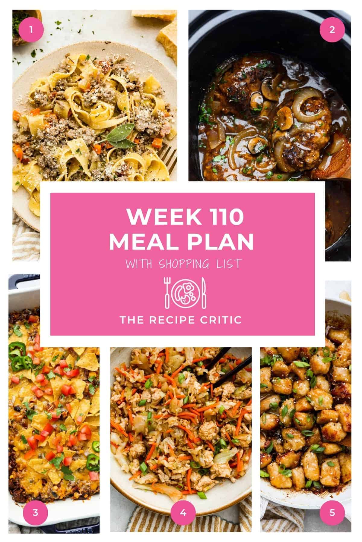 Who says weeknight dinners have to be boring? This weekly meal plan has everything from creamy White Bolognese and cozy Crockpot Salisbury Steak to a Taco Casserole! Five delicious dinners, one easy shopping list, and no stressing over what's for dinner! Collage of all the hero images from each of the recipes that are on the weekly meal plan.