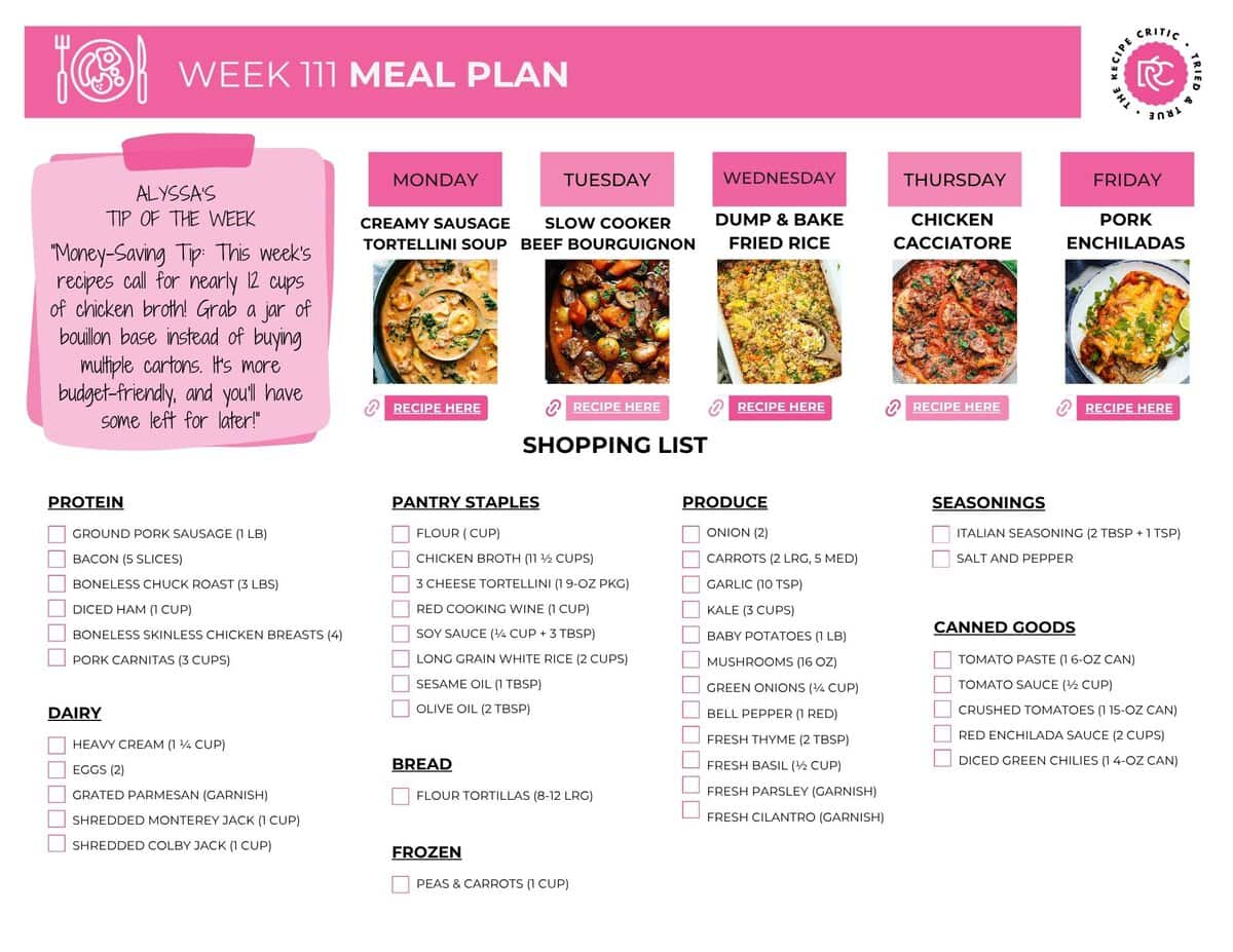 This weekly meal plan is all about cozy dinners that are easy enough for a busy week. You’ve got creamy pork chops, a cheesy chicken casserole, lasagna soup, dumplings, and a creamy Cajun chicken to finish the week strong. Image of the free printable shopping list that is included in this week's meal plan.